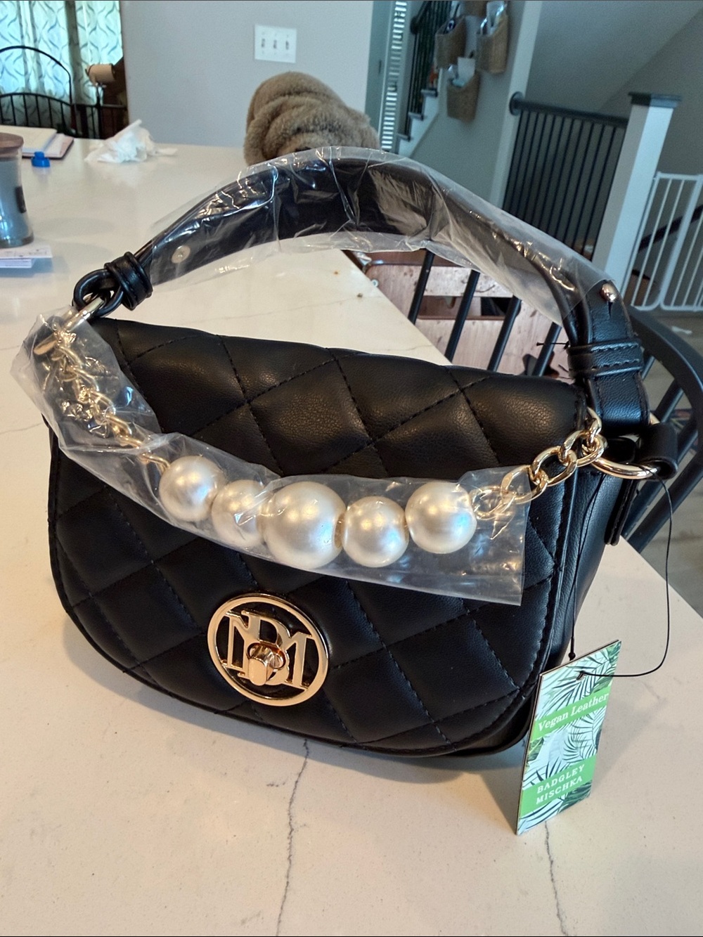 Badgley Mischka Black Quilted Bag with Pearl Chain